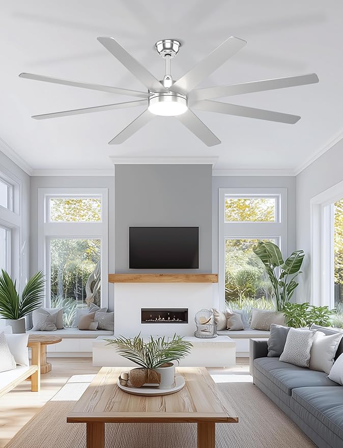 72'' Silver Ceiling Fans with Lights, 8 Blades Large Ceiling Fan Remote/APP Control, Dimmable, Silent Big Ceiling Fan for Indoor/Covered Outdoor