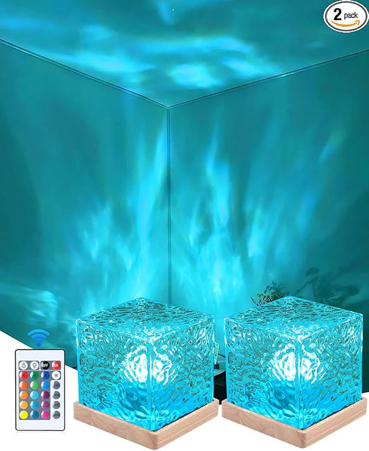 2 PCs Cordless Ocean Lamp, Rechargeable Northern Lights Cube Ocean Wave Projector Light Aurora Glow Lamp,16 Colors Gradual Rotating with Remote Control for Bedroom Living Room and Game Room