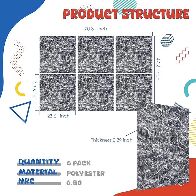 Acoustic Wall Panels 6 Pack, 24"x24"Decorative Art Soundproof Panels, Sound Absorbing Self-Adhesive Panel, Acoustic Treatment for Studio, Home Theater, Office (Storm AuraGrain)