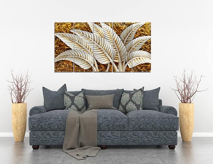 BATRENDY ARTS Modern Silver Banana Leaves Metal Art Wall Decor Golden Home Accent Sculpture 5 Panel Artwork Hand Polished Decorative Hangings for Bedroom