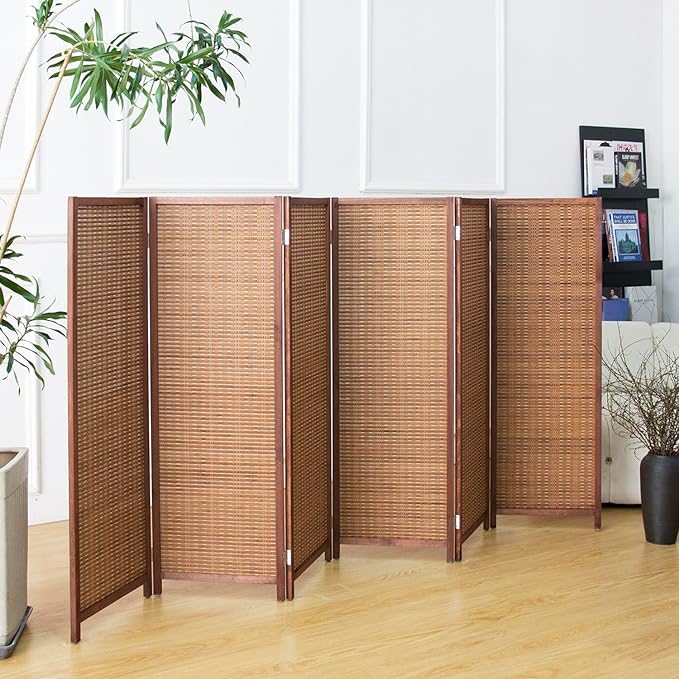 6 Panel Room Divider Short Folding Screen Divider,Double Sided Bamboo Panel Divider for Room Separation,Brown,47.2" H x 92.1" W