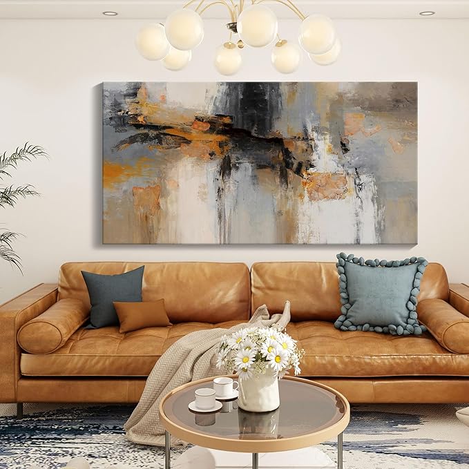 Abstract Wall Art - Large Canvas Wall Art for Living Room, Bedroom, Office - Framed Modern Wall Decor in Gray and Yellow - Artwork Paintings & Pictures