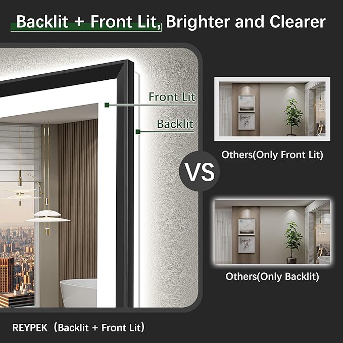 72x40 Black Framed Led Bathroom Mirror with Lights, Front Lit and Backlit, Lighted Vanity Mirror for Bathroom Wall, Anti-Fog, Dimmable, 3 Colors, Memory, HD Tempered Glass