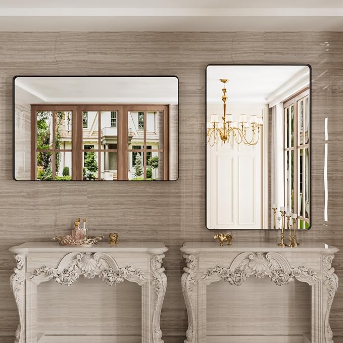 Black Bathroom Mirror 48X30 Inch, Black Metal Framed Mirror for Wall, Rounded Rectangle Matte Bathroom Vanity Mirror with Tempered Glass, Anti-Rust, Horizontal/Vertical