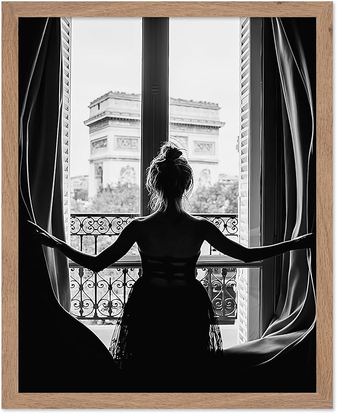 Poster Master Vintage Photograph Poster - Retro Minimalist Print - Girl In The Open Window, Black & White, Simple - Gift for Artist, Friend - Wall Decor for Living Room, Dorm, 8x10 Beige Framed