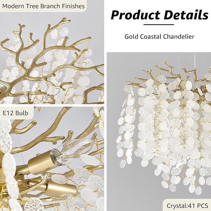 18-Inch Coastal Chandelier, 6-Light Gold Tree Branch Chandelier, Modern Foyer Bedroom Chandeliers with Adjustable Height, Round Crystal Pendant Light Fixtures for Entryway Dining Room, E12
