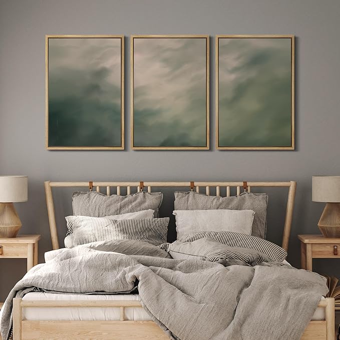 MUDECOR Framed Wall Art Print Set Soft Green Cloudscape Tranquil Abstract Nature Illustrations Modern Art Boho Decorative Colorful Chic for Living Room, Bedroom, Office - 24"x36"x3 Natural