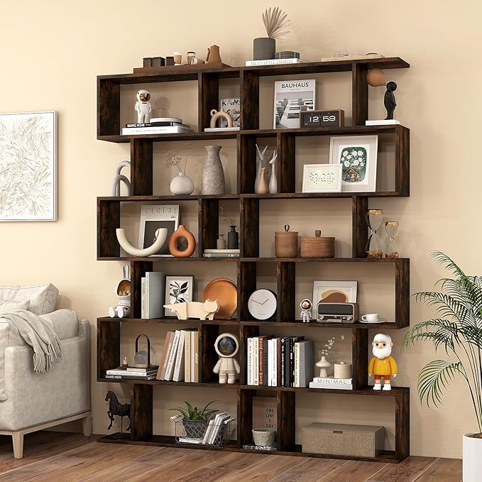 6 Tier Geometric Bookcase, S Shaped Bookshelf, Book Shelf Room Divider, Wood Freestanding Display Shelves, 75 Inch Staggered Bookshelf for Bedroom Living Room (2, Rustic Brown)