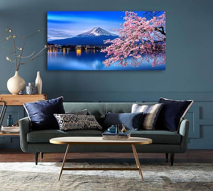 Aibonnly Wall Art Canvas Painting Cherry Blossoms Mount Fuji 1 Piece Mount Fuji and the Sakura Blossoming Lake Picture Poster Print Framed and Stretched Ready to Hang for Living Room Bedroom