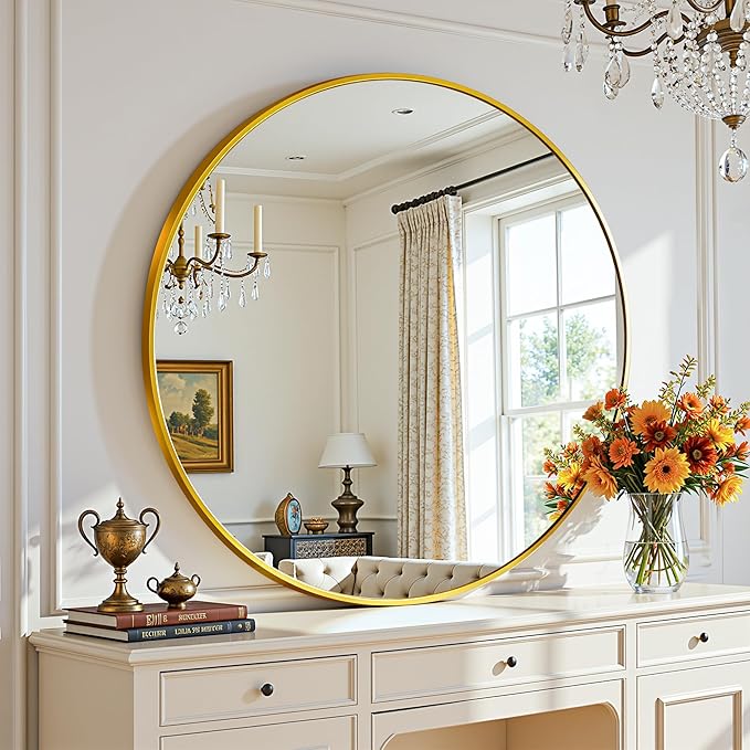Antok Wall Mirror, 24"x24" Bathroom Vanity Mirror, Anti-Rust HD Tempered Glass, Wall Mounted Mirrors for Living Room, Entryway, Gold Frame, Round
