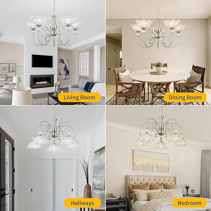 5-Light Chandeliers in Brushed Nickel Finish with Crystal Glass Shades, Brushed Nickel Chandelier Light for Dining Room,Hallway,Kitchen