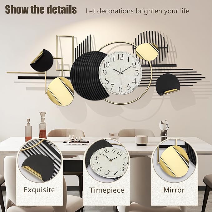 Metal Wall Art, Black and White Decor for Living Room, Abstract Modern Creative Geometric Round Art Decor 56" × 24" Large 3D Wall Clock for Bedroom, Dining Room, Home Hanging Wall Sculpture