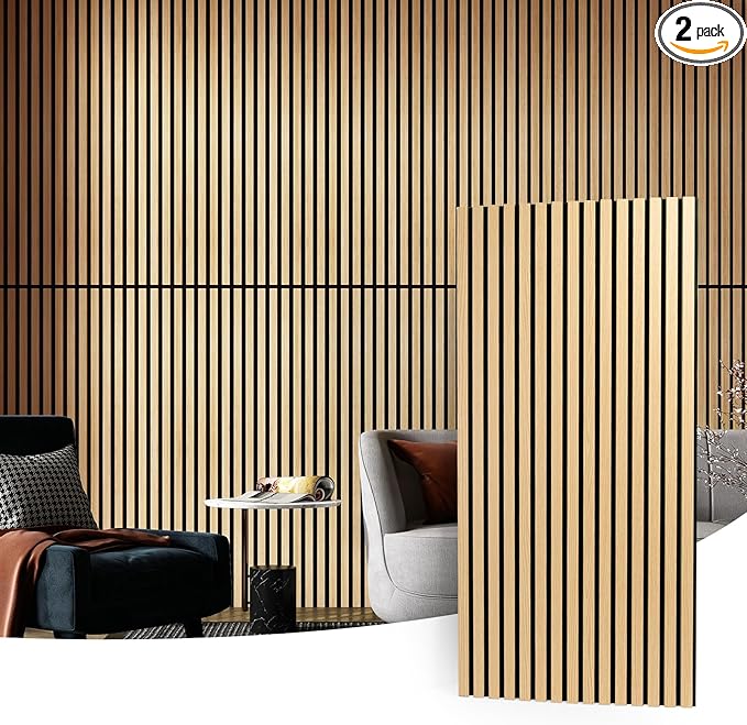 Art3d 2 Wood Slat Acoustic Panels for Wall and Ceiling - 3D Fluted Sound Absorbing Panel with Wood Finish - Oak
