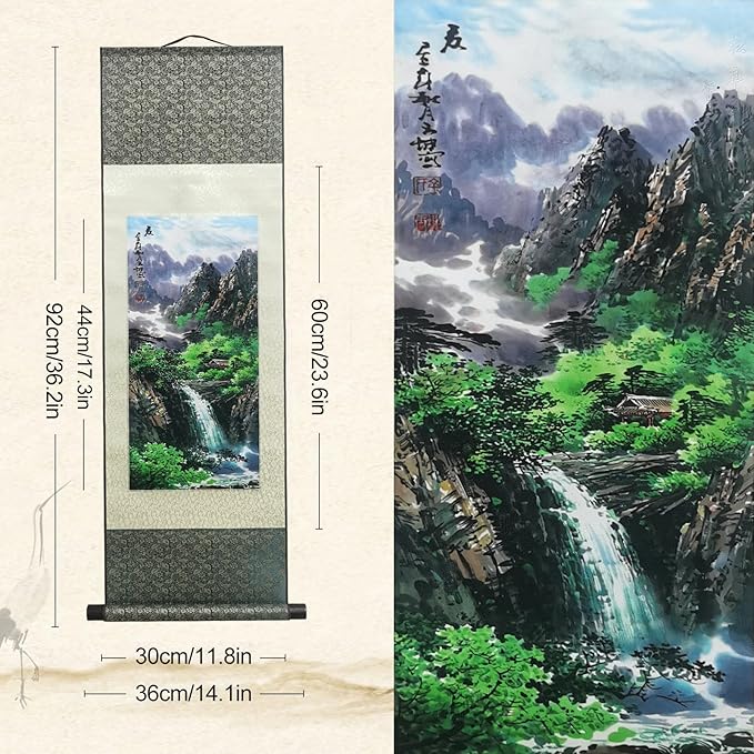 AtfArt Asian Wall Decor - Beautiful Silk Scroll Painting of Four Seasons Landscape - Summer, Autumn, Winter-Spring - Oriental Decor - Chinese Art - 36.2 x 12in