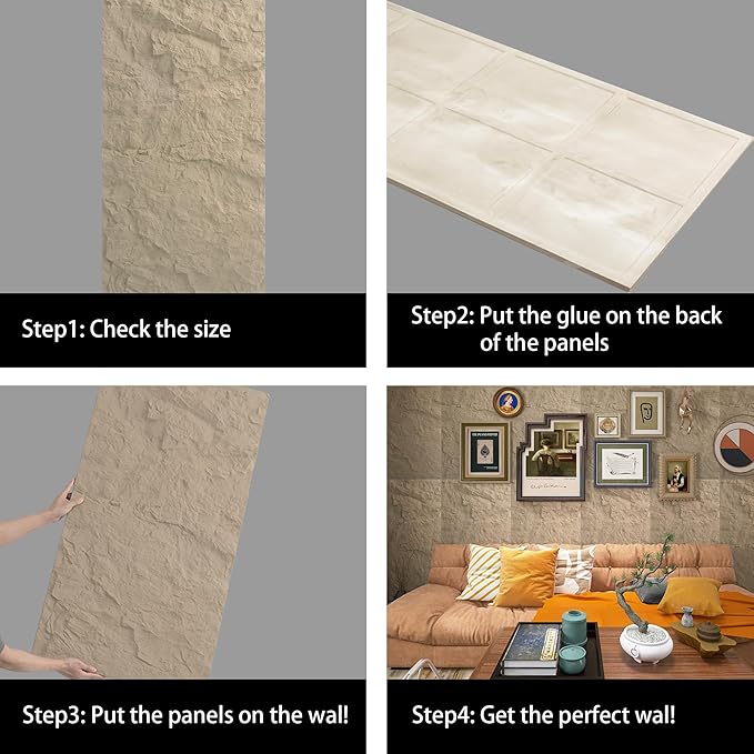 4-Pack 3D PU Stone Wall Panels for Interior Decor | Faux Stone Accent Tiles, Stone Yellow, 47.24"x23.62"x1.18" | Waterproof & Lightweight 3D Wall Design