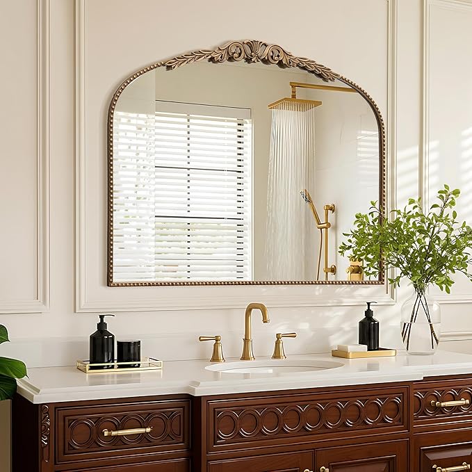 Large Gold Vintage Mirror: 29"x 36" French Baroque Bathroom Mirror - Traditional Ornate Antique Arched Mirrors for Wall/Dresser/Mantel/Bedroom/Entryway/Hallway - Home Decor for Living Room