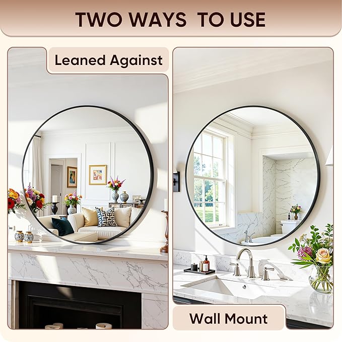 Antok Wall Mirror, 18"x18" Bathroom Vanity Mirror, Anti-Rust HD Tempered Glass, Wall Mounted Mirrors for Living Room, Entryway, Black Frame, Round