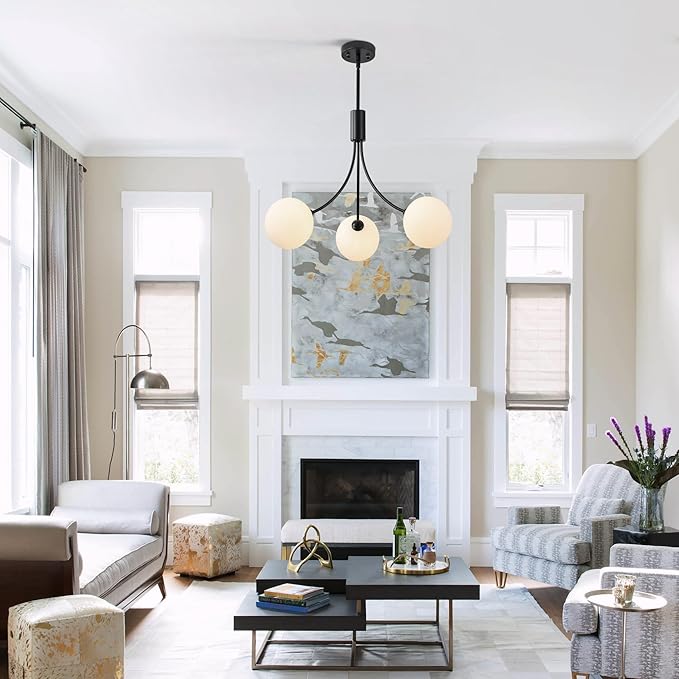3-Light Modern Farmhouse Black Chandeliers for Entryway, Mid Century Milk Globe Sputnik Chandelier, Vintage Pendant Lighting for Kitchen Island Dining Room Foyer Bedroom Bathroom