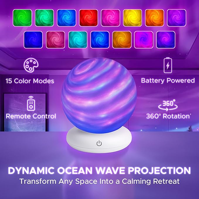 Ocean Wave Projector Light – Galaxy Night Light Projector for Bedroom, LED Sphere Mood Light with 15 Colors, Touch Control & 360° Ambient Glow for Room/Bedroom Decor & Teen/Kids