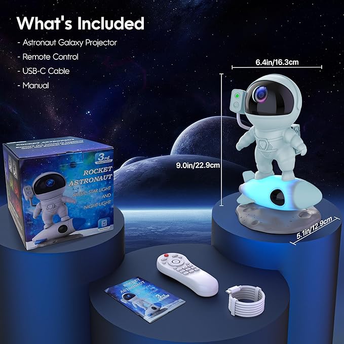 Astronaut Galaxy Projector, Star Projector Rocket Night Light for Kids Room, 360° Adjustable Magnetic Head, Bluetooth Speaker, Timer, White Noise with Remote APP Button Control Idea for Gift