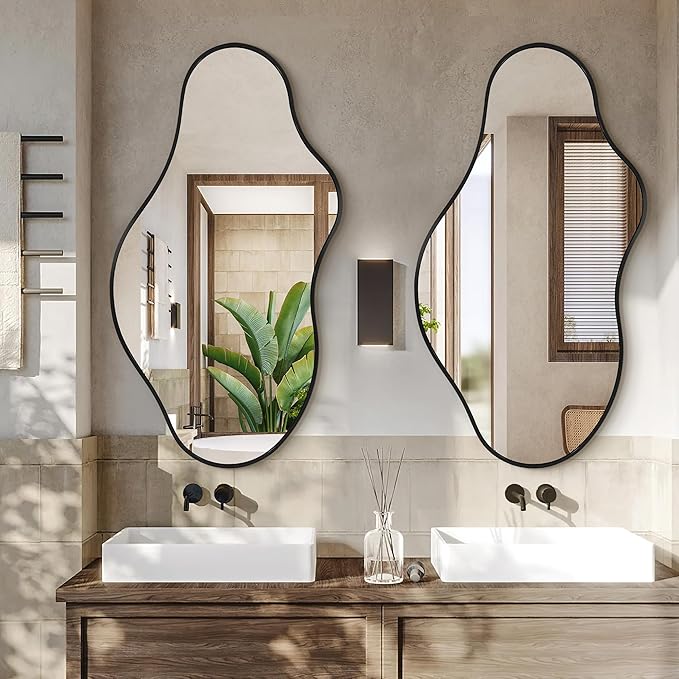 Bathroom Mirrors for Over Sink - Long Wall Mirrors Decorative 24"x 43" Asymmetrical Abstract Aviation Aluminum Alloy Frame Unique for Bedroom, Living Room, Cloakroom, Entryway Black