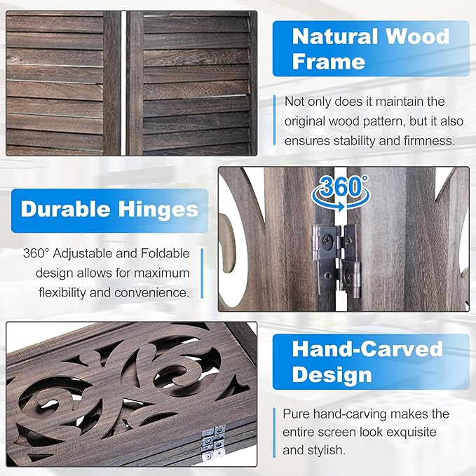 4 Panel Room Divider 5.6FT Wood Carved Room Dividers, Folding Privacy Screens Portable Freestanding Partition Wall Dividers for Bedroom, Office, Rustic Brown