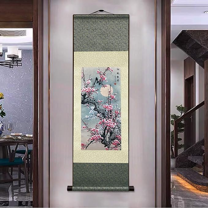 AtfArt Asian Wall Decor Beautiful Silk Scroll Painting Flowers - Plum - Red Plum Primula Primula Rubra Oriental Decor Chinese Art Wall Scroll Wall Hanging Painting Scroll (36.2 x 12 in)