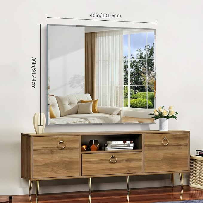 Beveled Bathroom Mirror, 36x40 Inch Large Bathroom Mirrors for Over Sink, Upgraded Shatterproof Beveled Frameless Vanity Mirror for Bathroom,Bedroom,Living Room and Entryway