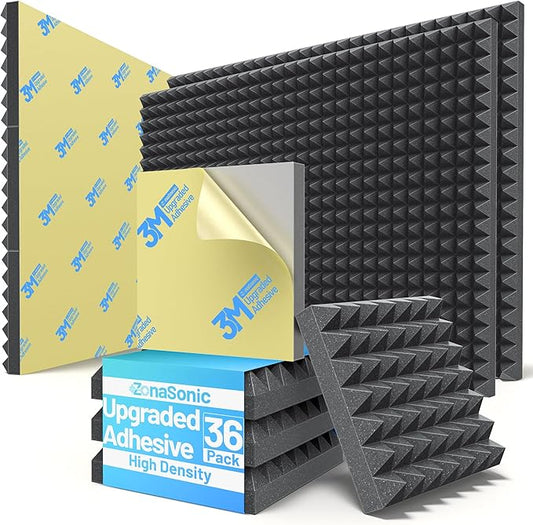 36 Pack Pyramid Sound Proof Foam Panels for Walls with Updated Self-Adhesive 3"X12"X12" High Density Acoustic Panels Sound Absorbing Fast-Expanding Soundproof Wall Panels for Gaming Studio Decor-Black
