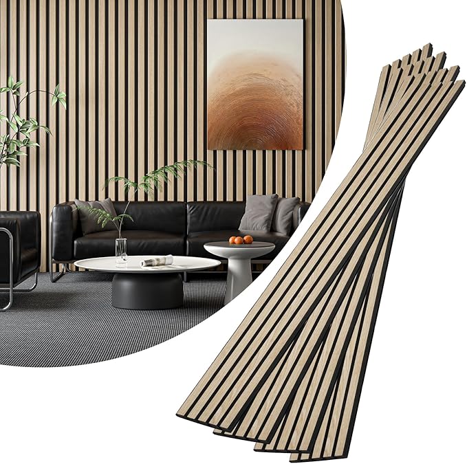 4-Piece Wood Slat Acoustic Panels for Stylish Interior Decor & Noise Reduction - 94.5" x 7.87" 3D Solid Wood Wall Panels for Ceiling and Wall, Covers 20.66 Sq Ft, White Oak