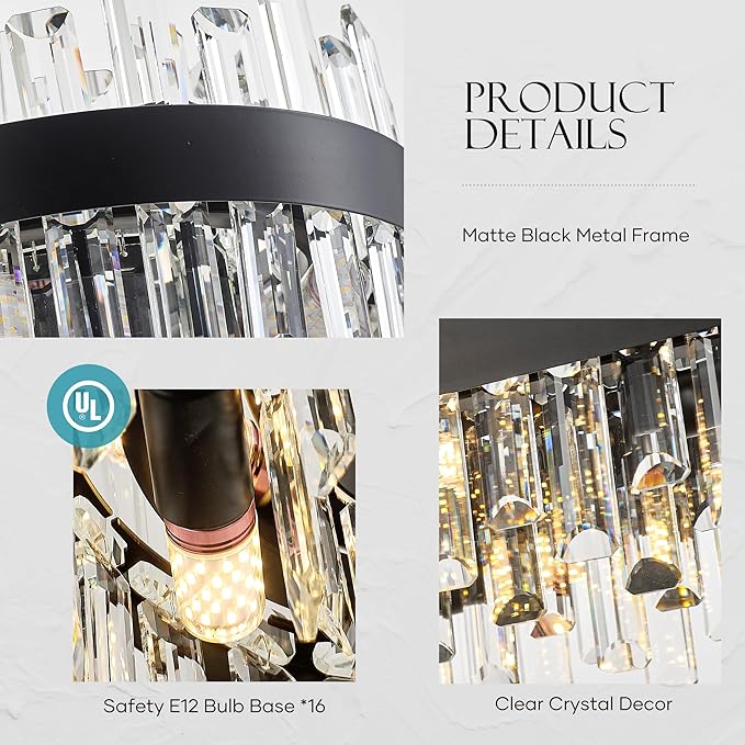 39" Modern Black Rectangle Crystal Chandelier Light Fixtures for Kitchen Island Luxury Linear Crystal Chandeliers for Dining Room 16-Light Long Hanging Pendant Lighting for Entryway Foyer Bar