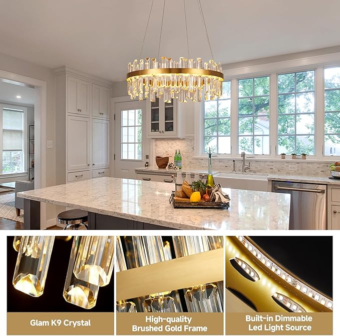 Modern Gold Crystal Led Chandelier: 23.6" Round 3 Color Dimmable K9 Luxury Crystals Chandeliers for Dining Room Lights over Table - Elegant Contemporary Living Room Bedroom Kitchen Light with Remote