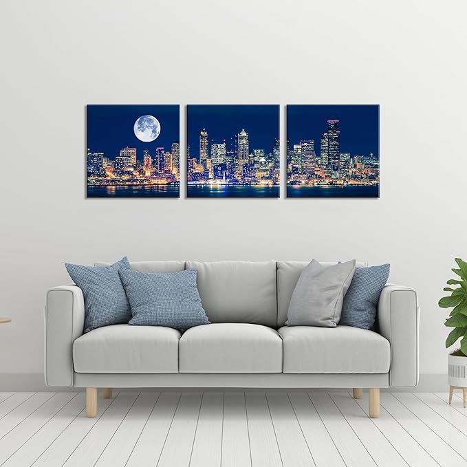 NAN Wind Panoramic Seattle Skyline Night Canvas Art Full Moon Over City Wall Decor 3 Panel Modern Urban Cityscape Print Blue Harbor Illuminated Skyscrapers Living Room Office Bedroom Home Decoration