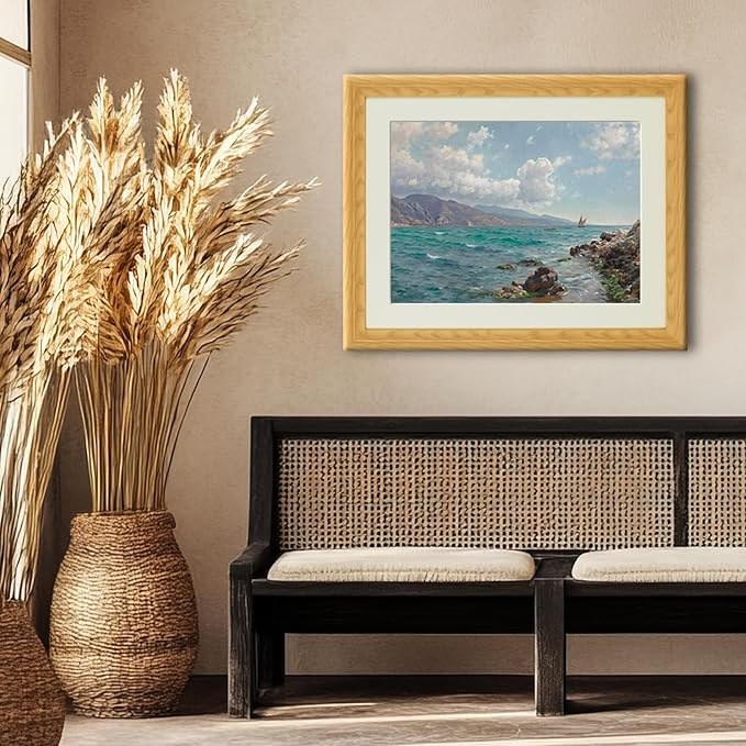 Brivoria Framed Coastal Canvas Wall Art Gallery Decor 16x20 Inch Faux Wood Frame with Mat for Living Room Office or Guest Room Display Statement Gallery Coastal Print – Rocky Coast