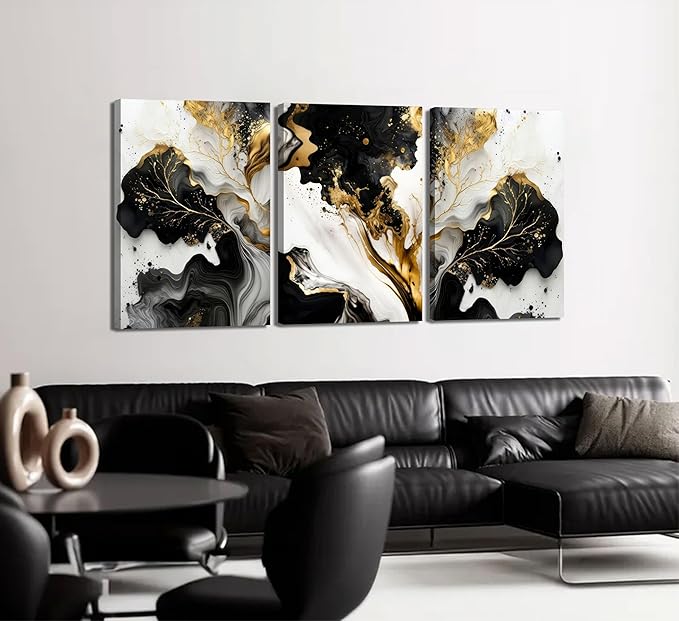 3Pcs Abstract Marble Canvas Wall Art Picture Black White Gold Texture Poster Print Modern Painting Wall Decor for Bedroom Living Room Office 12x16in Framed