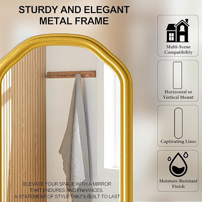 Modern Slim Wall Decor Mirror 10"x44" Gold - Skinny Wall Decor for Entryway, Bedroom, Nursery, Luxury Metal Frame with Anti-Shatter Glass