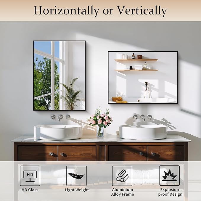 Black Bathroom Mirror for Wall, 18x24 Inch Rectangle with Metal Frame, Modern Vanity for Bathroom Living Room, Entryway Hangs Horizontal or Vertical