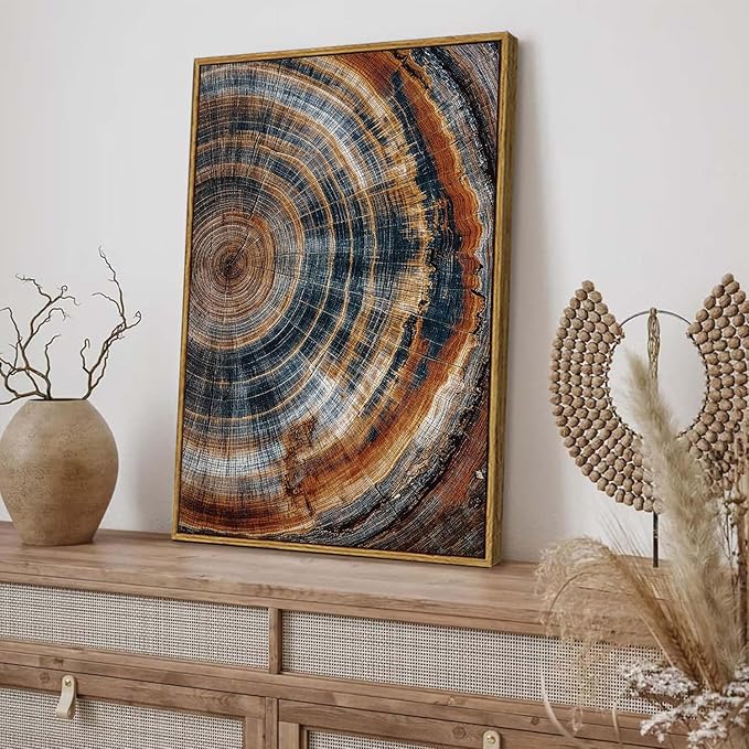 BingruiArt Framed Tree Ring Canvas Wall Art Abstract Wood Wall Decor Boho Modern Colorful Nature Painting Wood Stump Prints Pictures for Living Room Bedroom Bathroom Office 16"x24" Natural Framed(04)