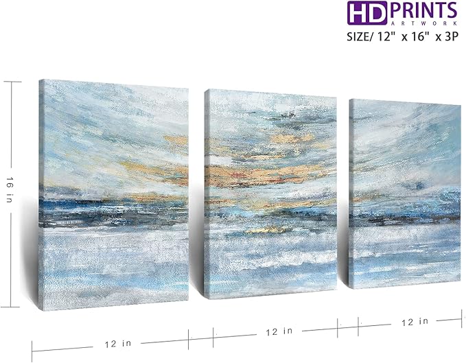 Abstract Canvas Wall Art for Bedroom 3 Piece Ocean Painting Coastal Theme Artwork Blue and Yellow Sunset & Sunrise on the Beach Seascape Picture for Bathroom Living Room Light 12x16inchx3 panel