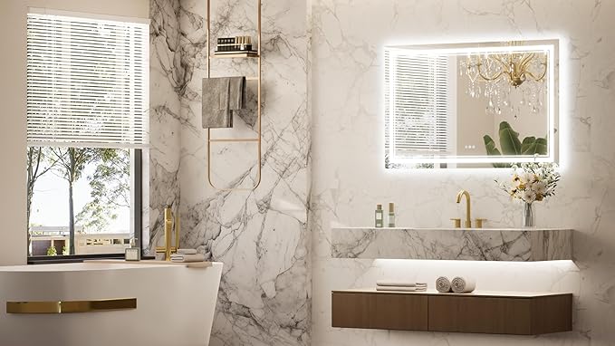 Keonjinn LED Bathroom Mirror 48” x 30” with Frontlit and Backlight, Stepless 3 Colors Temperature & Dimmable Wall Mirror, Tempered Glass, UL Listed LED Driver, Double Lights, Anti-fog Frameless Mirror