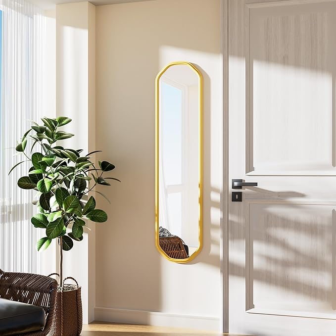 Modern Slim Wall Decor Mirror 10"x44" Gold - Skinny Wall Decor for Entryway, Bedroom, Nursery, Luxury Metal Frame with Anti-Shatter Glass