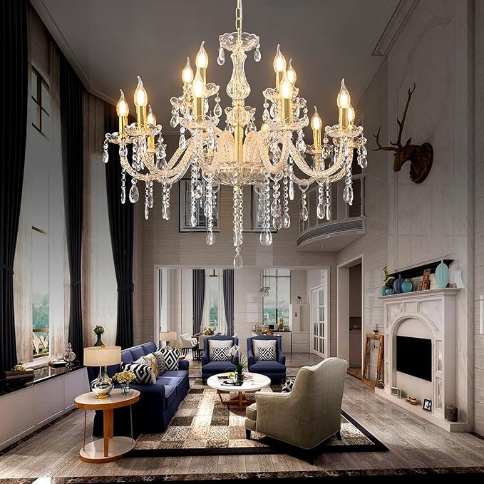 MALOSA Luxury Gold Large Crystal Chandelier for Living Room,Dining Room,Bedroom,Hallway 15 Lights 30.7"