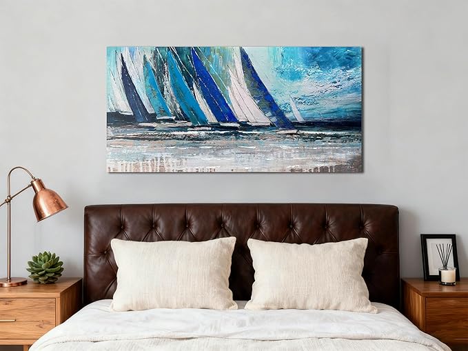 Arjun Blue Abstract Wall Art Canvas for Living Room Teal Ocean Sailboat Textured Bedroom Picture Modern Turquoise Coastal Nautical Painting Large Framed Artwork Home Office Wall Decor, 40"x20"