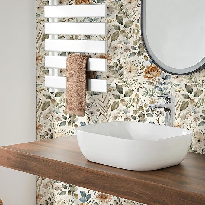 Beige Floral Wallpaper Self Adhesive Peel and Stick Cream Blooming Watercolor Vivid Botanical Leaf Contact Paper Removable Waterproof for Bedroom Renter Friendly 17.71"x236.2"