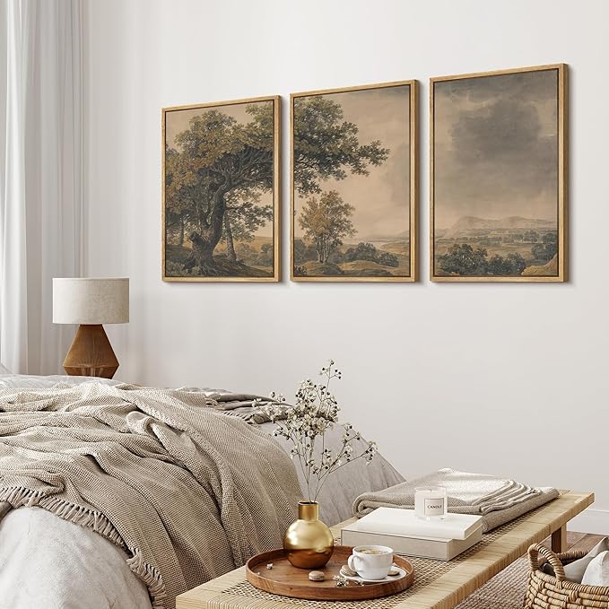 MUDECOR Framed Wall Art Print Set Vintage Landscape Rustic Tree and Mountain View Illustrations Decorative Colorful for Living Room, Bedroom, Office - 16"x24"x3 Natural