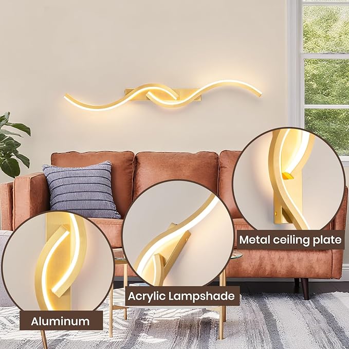 Battery Operated Wall Sconces, Rechargeable Wall Sconces, 3000K-6500K LED Wireless Wall Light, Modern Wall Lamp not Hardwired for Living Room Bedroom Hallway (Gold)