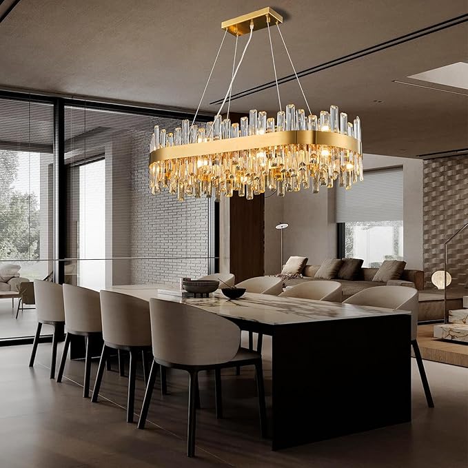 Modern Crystal Chandeliers, Luxury Rectangular 2 Tiers K9 Crystal Chandelier, 16-Light Brass Gold Rectangle Oval Flush Mount Ceiling Light Fixture for Dining Room Kitchen Foyer, L35.4''