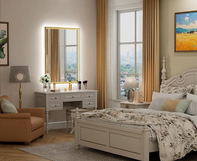 20x28 Inch Gold LED Bathroom Mirror, Front and Backlit Controlled Separately, Lighted Bathroom Vanity Mirror, 3000K/4500K/6000K, Wall Mounted, Dimmable, Anti-Fog, Horizontal/Vertical