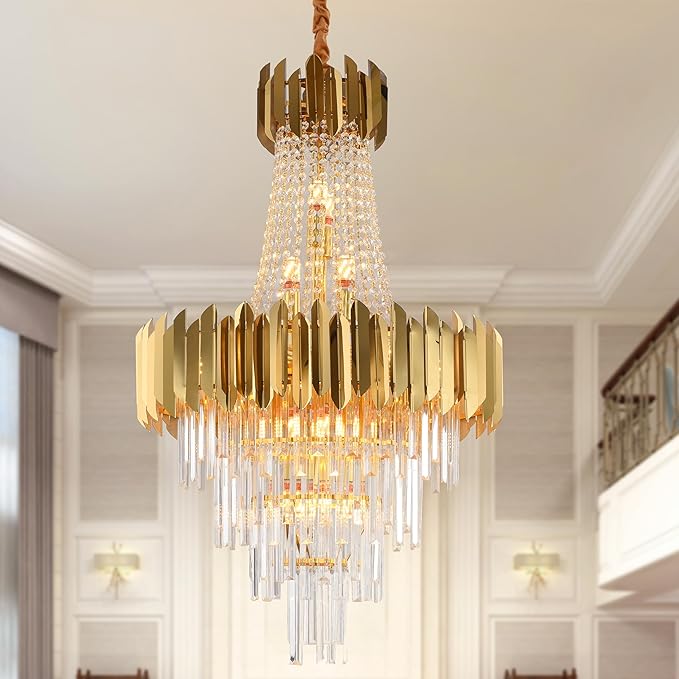 KoKo&Yukina 16-Light Gold Crystal Chandeliers French Empire Crystal Chandelier Gold Modern Farmhouse Chandeliers Light Fixture for Bedroom Hallway High Ceiling Staircase Chandelier D23.6