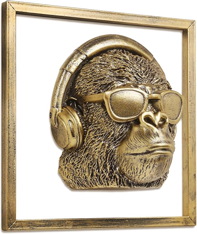 Newinhome Animal Heads Wall Decor (Includes Metal Frame) Resin Animals Sculptures Head Wall Hanging Decoration Gold vintage Wall Sculpture for Living Room Bedroom Office (Gorilla)